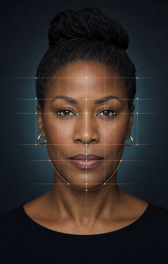 Adult portrait with illustrative facial landmark and proportion guides