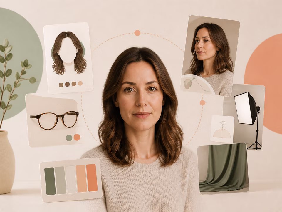 An adult portrait surrounded by hairstyle, eyewear, camera and lighting recommendation cards