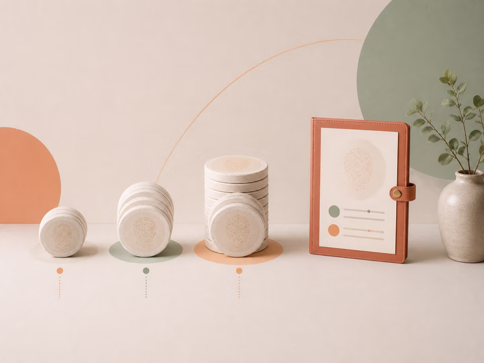 Three bundles of usage tokens beside a complete Personal Style Plan folio