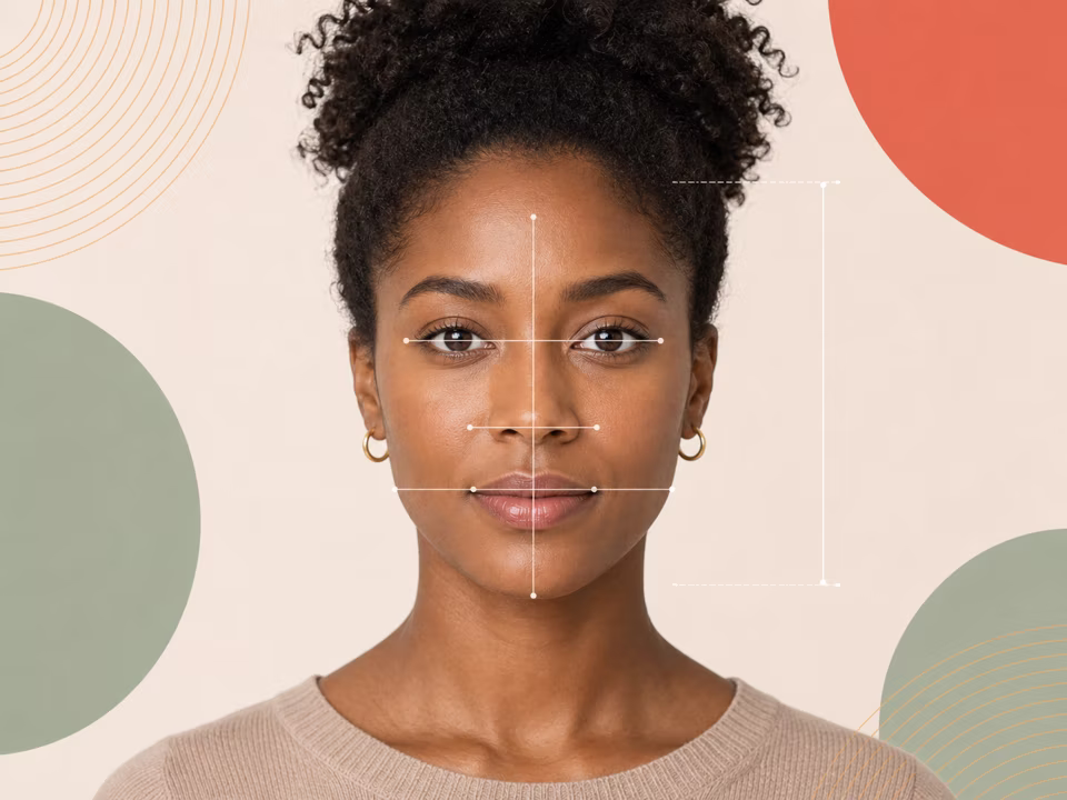 Adult portrait with facial width and height measurement guides