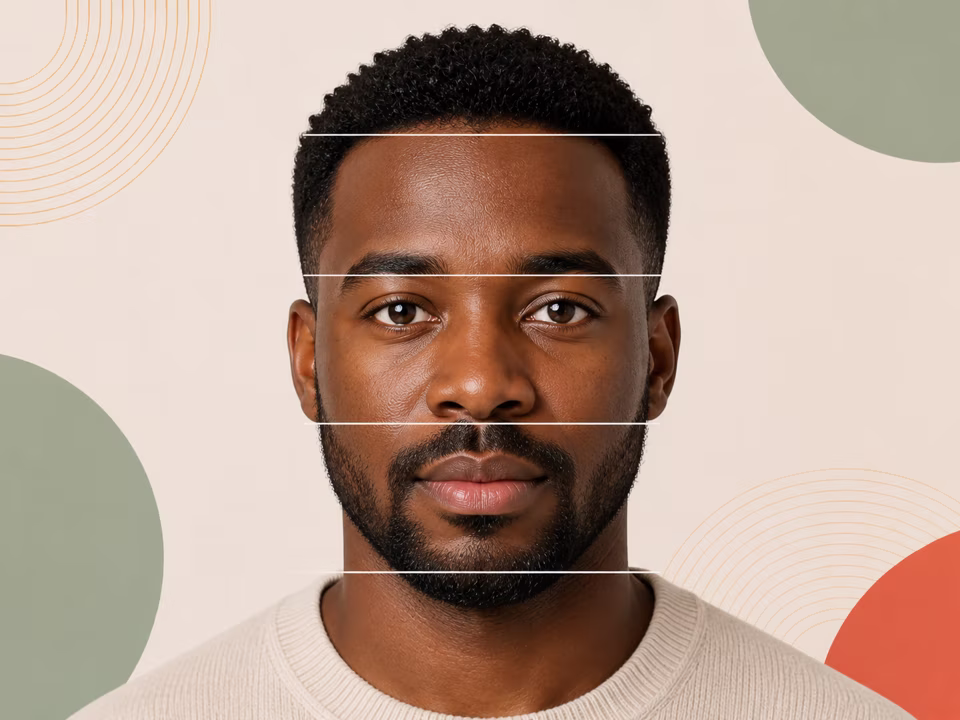 Adult portrait divided into upper, middle and lower facial thirds
