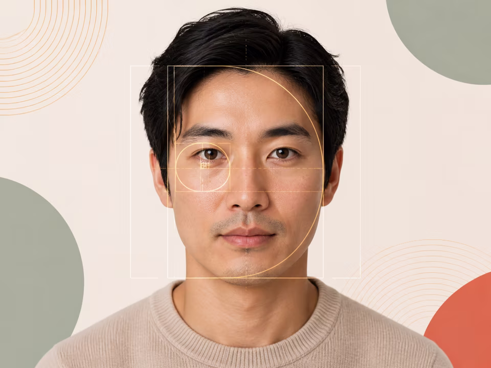 Adult portrait with golden-ratio proportion guides