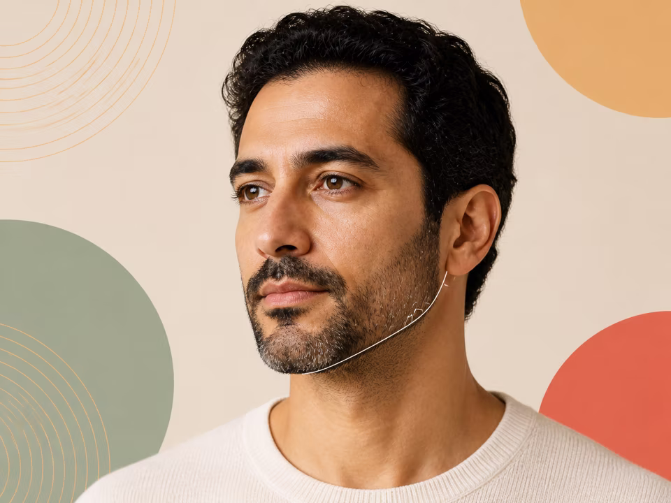 Three-quarter adult portrait with a traced jawline contour
